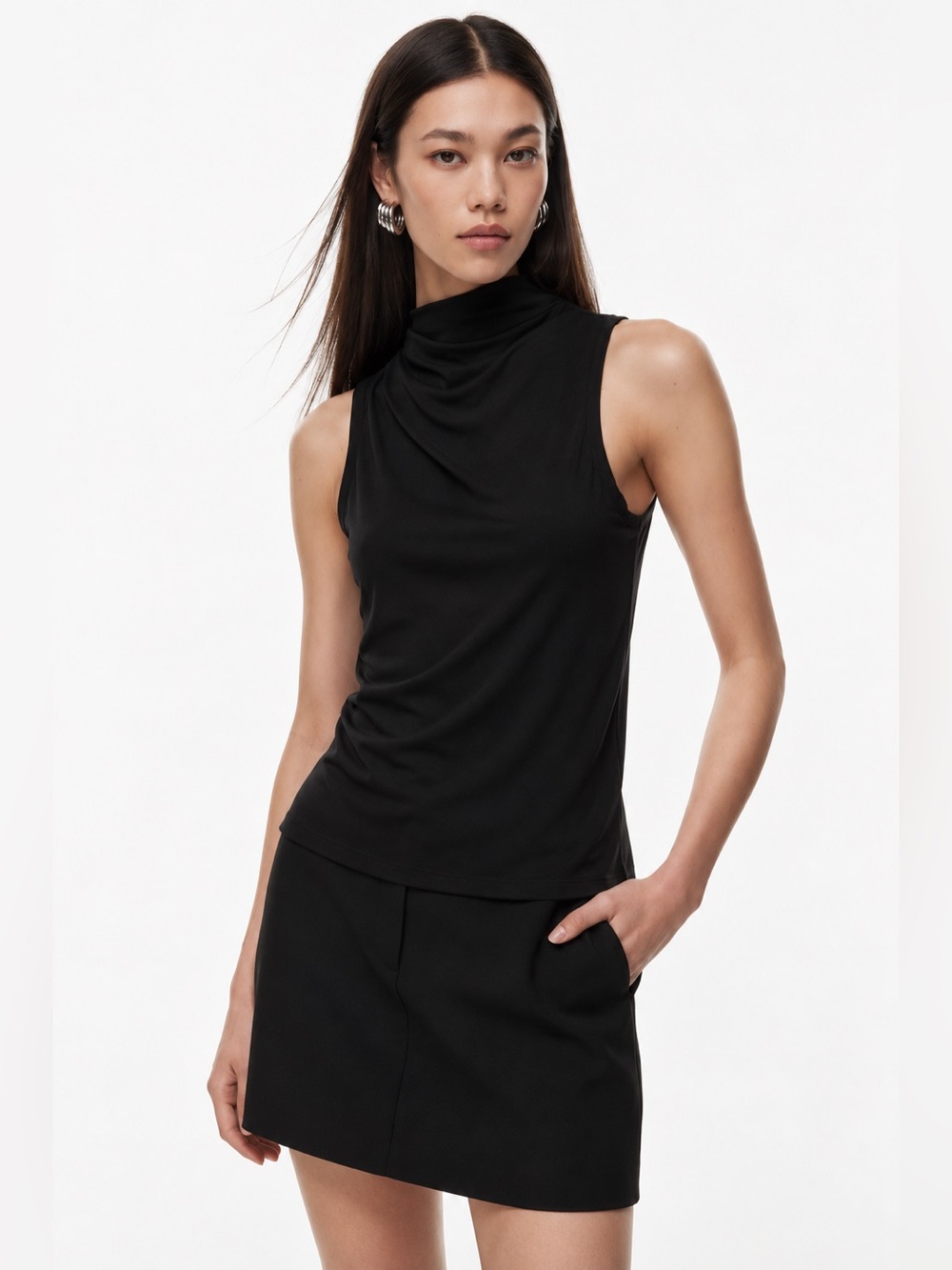 Aritzia Babaton Black Sleeveless Mock Neck Ribbed Top Size M